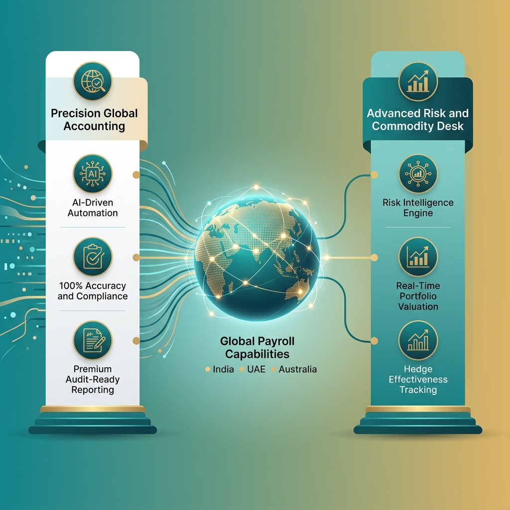 FAS26: Redefining Accounting Intelligence for Global Trade - Complete system overview showing Precision Global Accounting and Advanced Risk & Commodity Desk capabilities